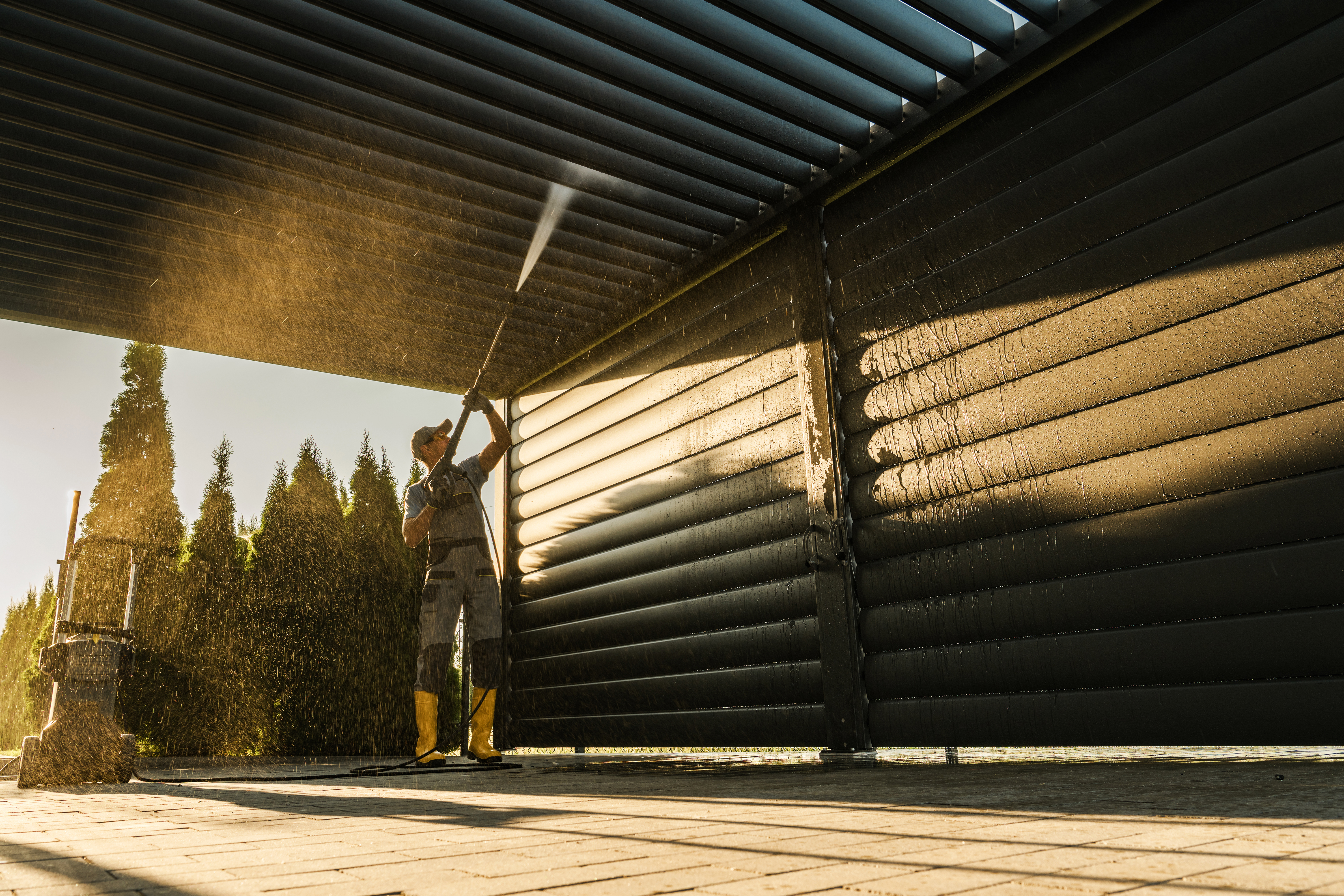 Men with Pressure Washer Cleaning His Residential Aluminium Carport Pergola